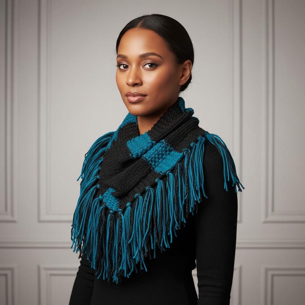 NEW Hand Knitted Black Teal Womens Boho Cowl Scarf Fringe Indie Artsy Fairy